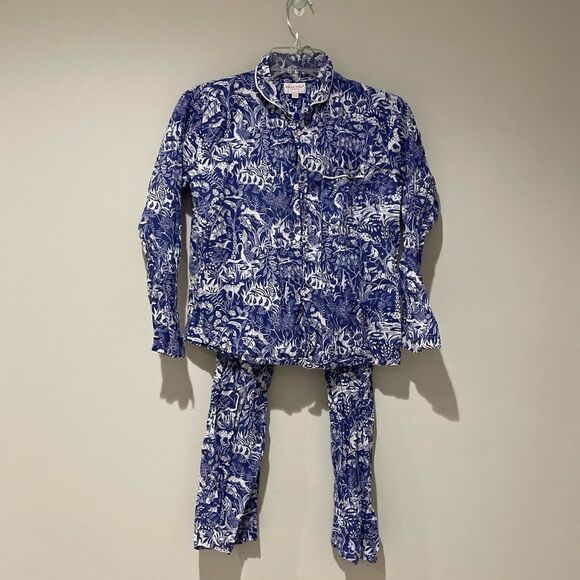 EUC Derek Rose London 3-Piece Pajama & Robe Set Royal Blue Jungle Toile Sz.11-12 - Picture 2 of 4